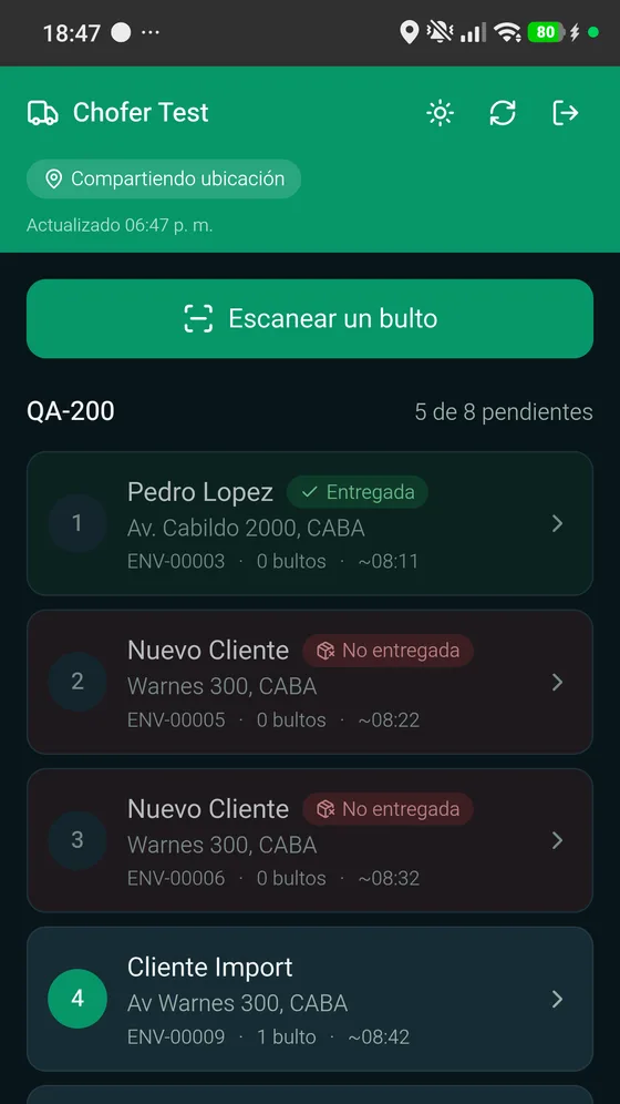 App del chofer de Avasoft Logistics con la hoja de ruta del día